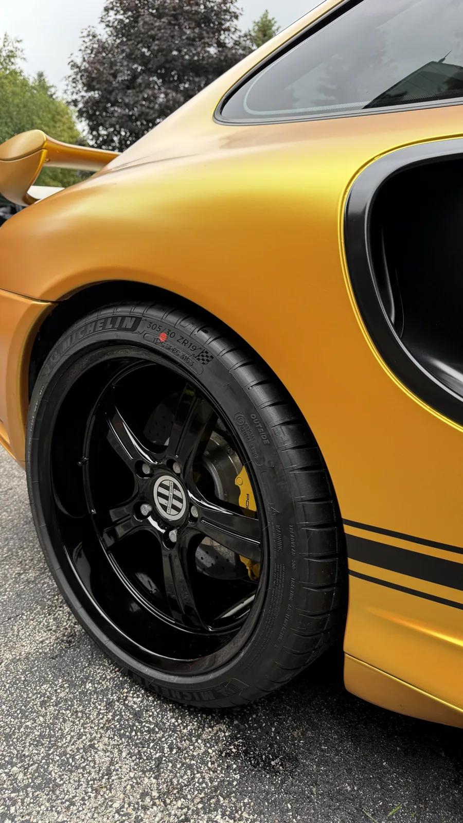 Close-up of Porsche wheel and bodywork after detail